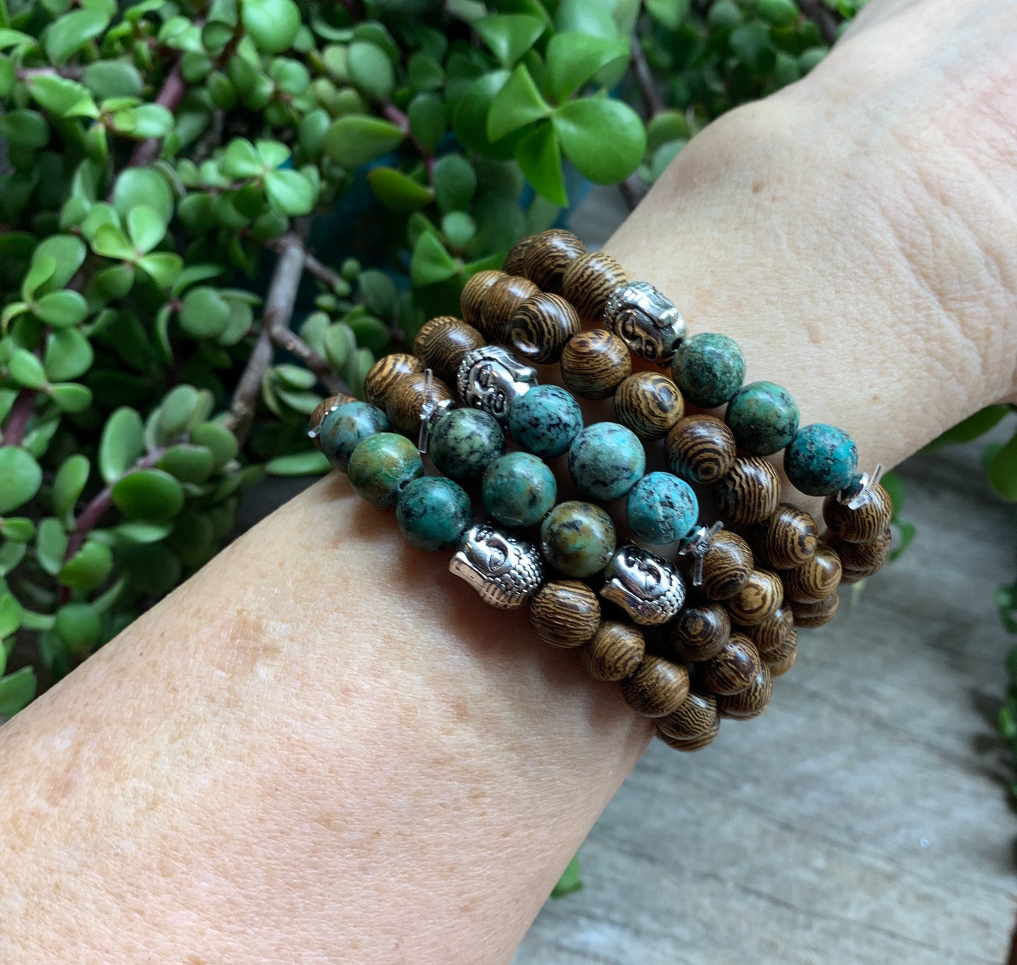 African Turquoise Wood Buddha Bracelet 8mm BRC-0114