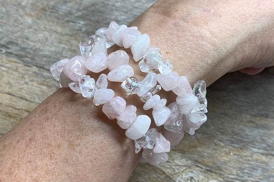 Rose Quartz & Clear Quartz Chip Bracelet 1087 Beautiful, Hand Made, Gift Item