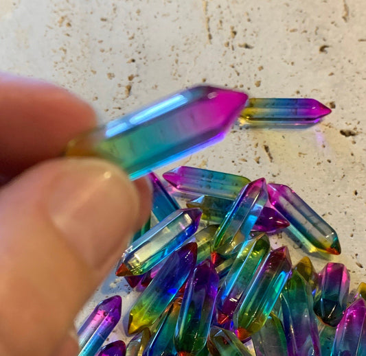 Rainbow Aura Quartz Double Terminated Crystal Point T-0011 Approx. 1 1/4”