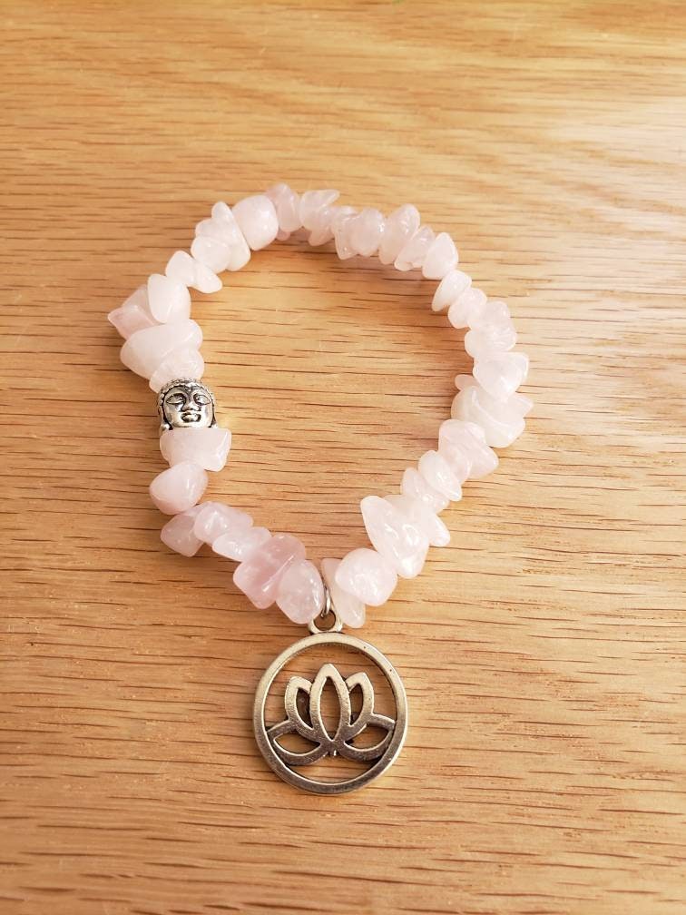 Lotus Flower-Buddha Rose Quartz Chip Bracelet BRC-0011