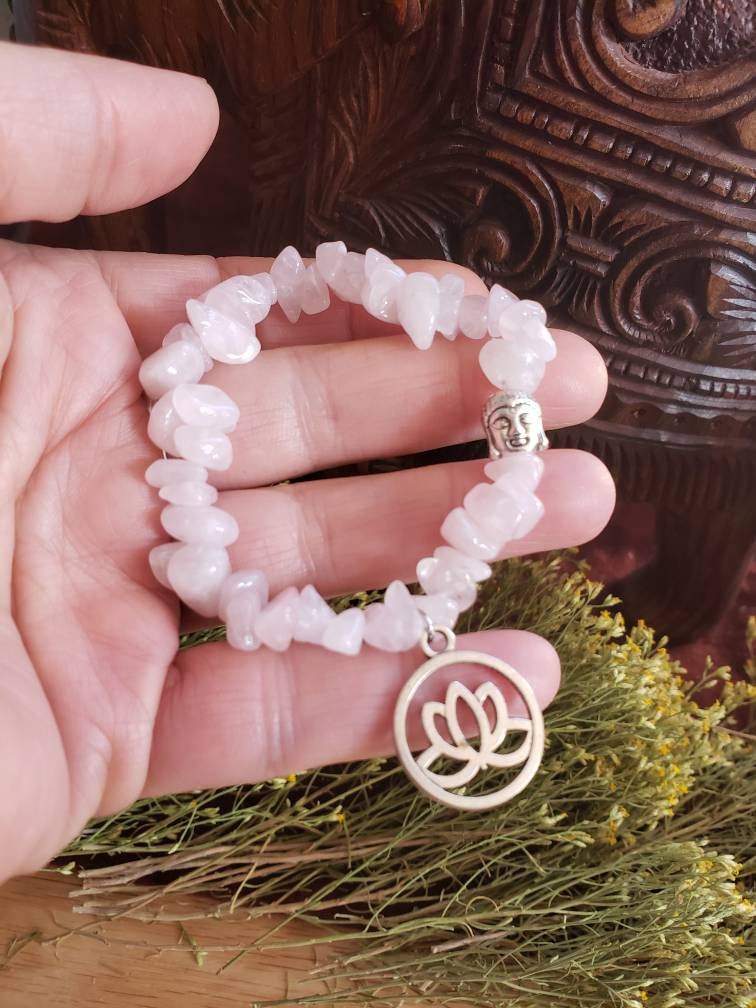 Lotus Flower-Buddha Rose Quartz Chip Bracelet BRC-0011