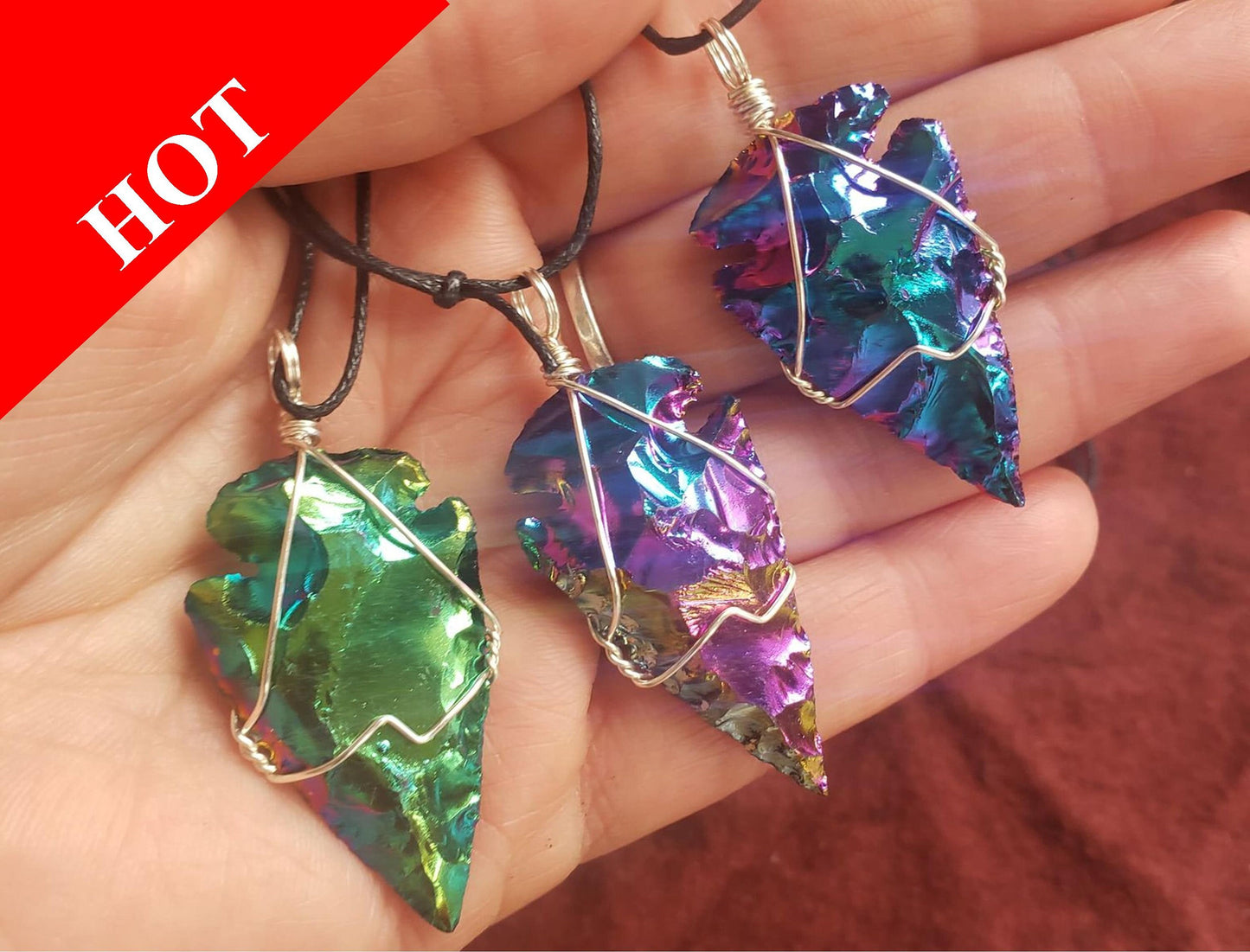 Rainbow Aura Obsidian Arrowhead Necklace HOT-0001