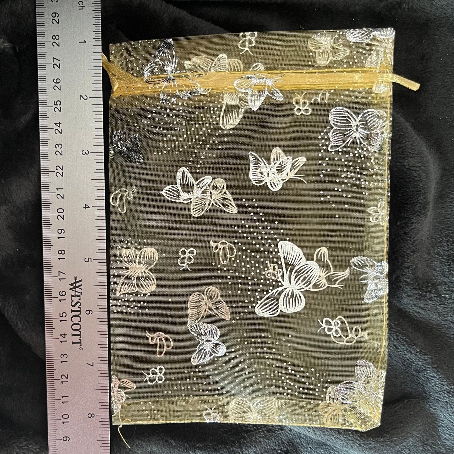 Golden Yellow Metallic Butterfly Organza Drawstring Bag (Approx. 5”X7”) BAG-0054