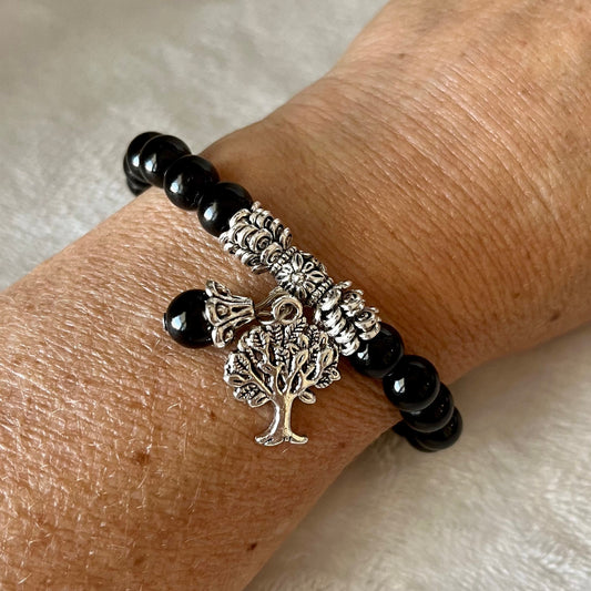 Black Obsidian Tree of Life Charm Bracelet, Beautiful BRC-0188
