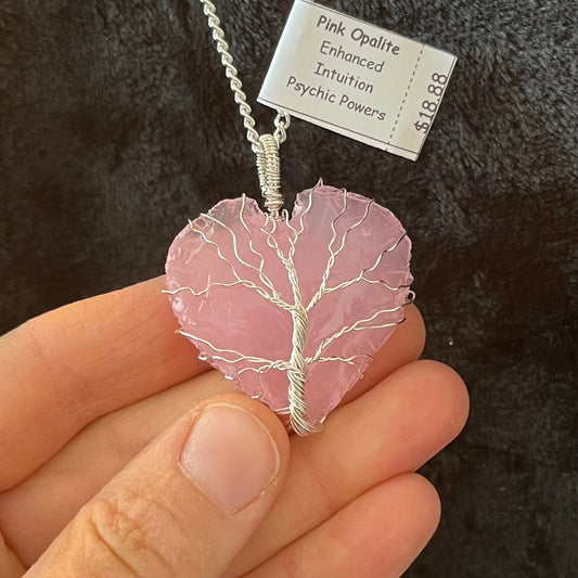 Pink Opalite Knapped Heart, Tree of Life Wire Wrapped Necklace WN-0082