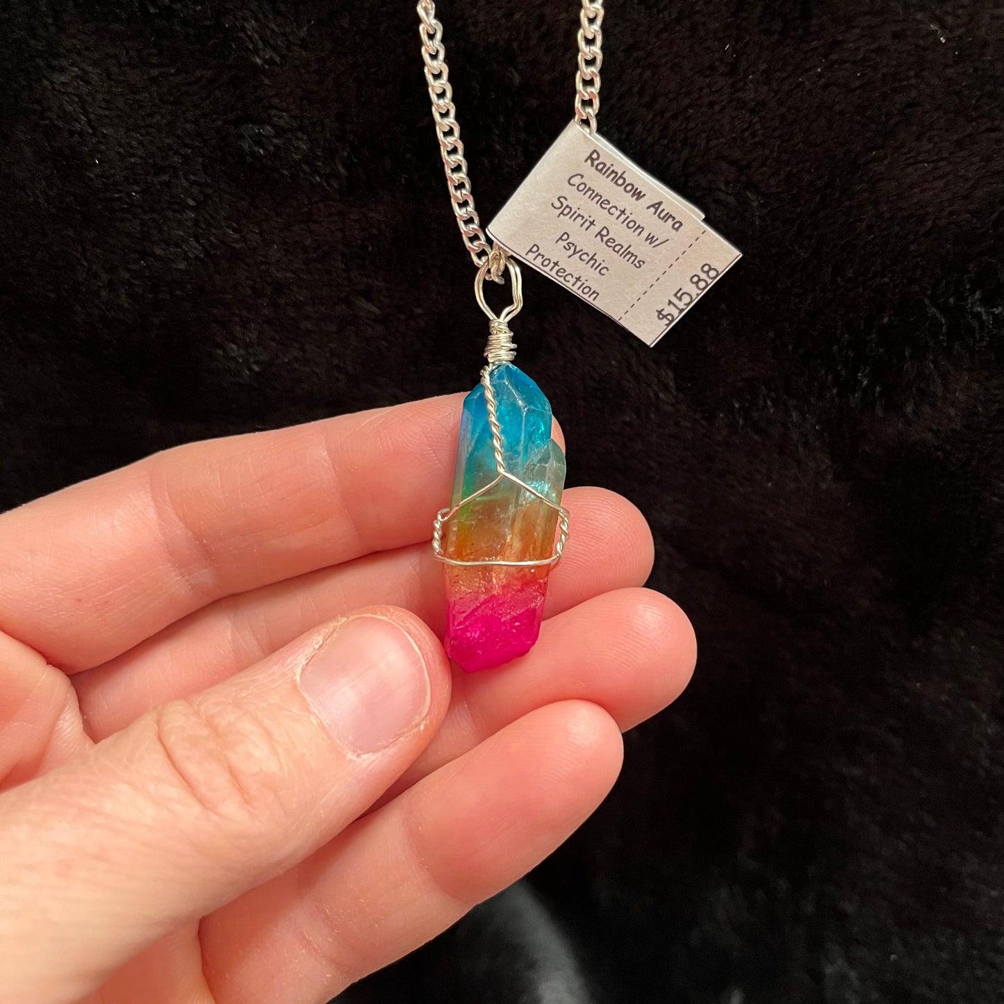 Rainbow Aura Quartz Point Wire Wrapped Necklace WN-0065