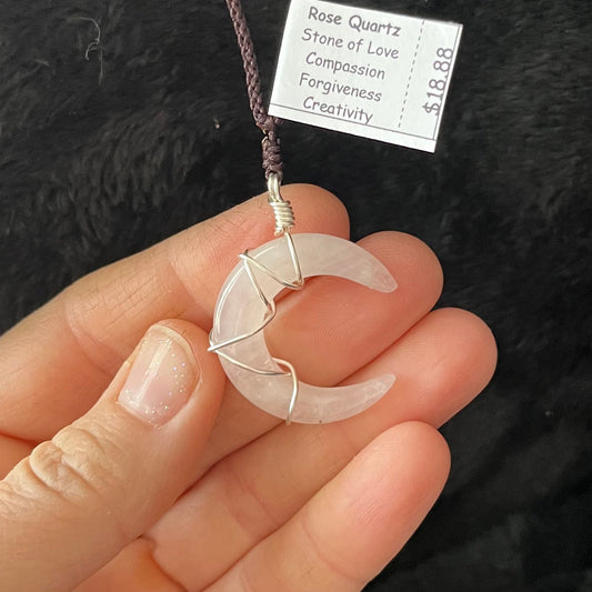 Rose Quartz Crescent Moon Wire Wrapped Necklace WN-0016