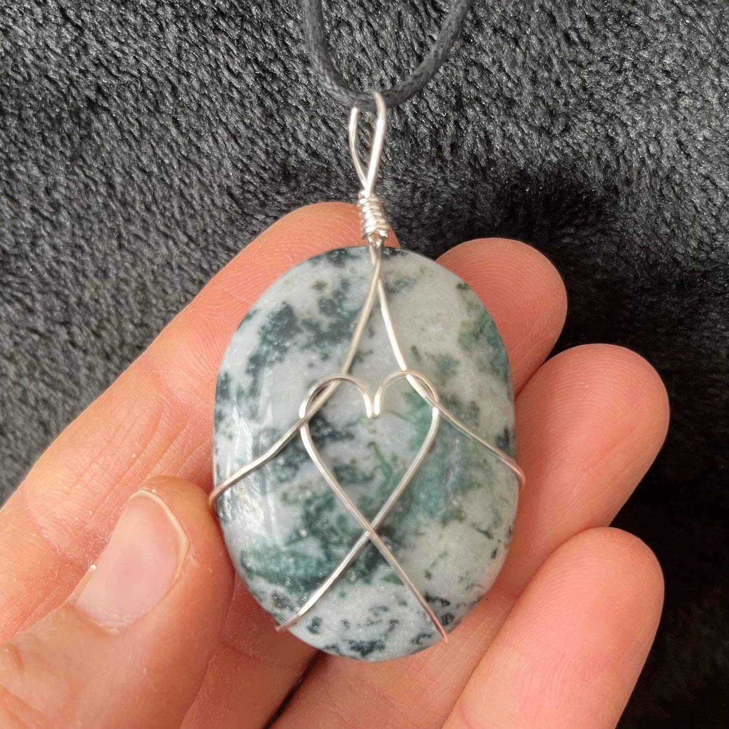 Tree Agate Worry Stone Wire Wrapped Necklace, with Heart NCK-2973