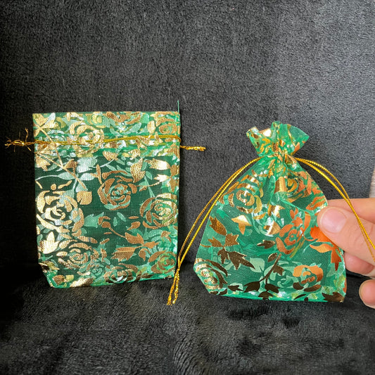 Green Organza Drawstring Bag with Gold Tone Rose Pattern (Approx. 4 3/4” X 4”) BAG-0114