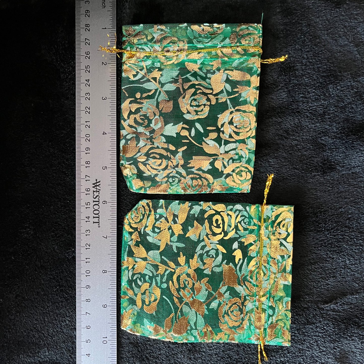 Green Organza Drawstring Bag with Gold Tone Rose Pattern (Approx. 4 3/4” X 4”) BAG-0114