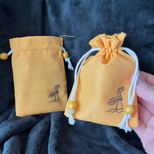 Yellow Burlap Drawstring Bag with Wooden Beads (Approx. 4” x 5 1/2") BAG-0143