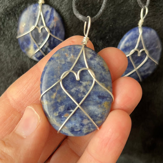 Sodalite Worry Stone Wire Wrapped Necklace, with Heart NCK-3006