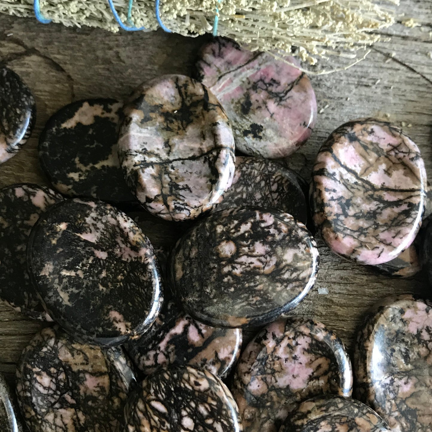 Rhodonite Worry Stone (Approx. 1 3/4" x 1 3/8")  Polished Stone of Compassion, Wire Wrapping or Crystal Grid Supply 1393