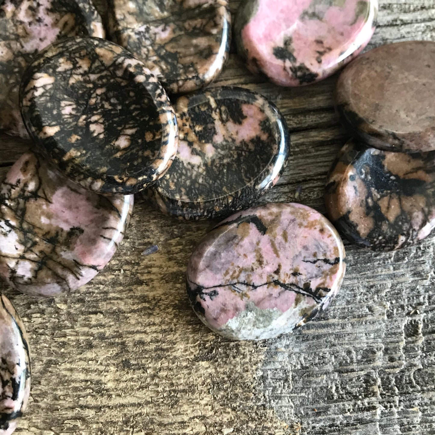 Rhodonite Worry Stone (Approx. 1 3/4" x 1 3/8")  Polished Stone of Compassion, Wire Wrapping or Crystal Grid Supply 1393