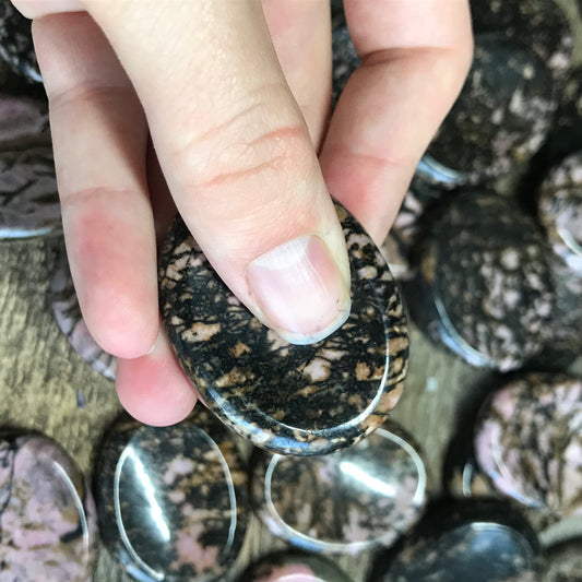 Rhodonite Worry Stone (Approx. 1 3/4" x 1 3/8")  Polished Stone of Compassion, Wire Wrapping or Crystal Grid Supply 1393