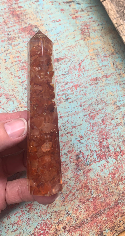 Carnelian Orgonite Obelisk ORG-0011 (Crystals Imbedded in Resin)