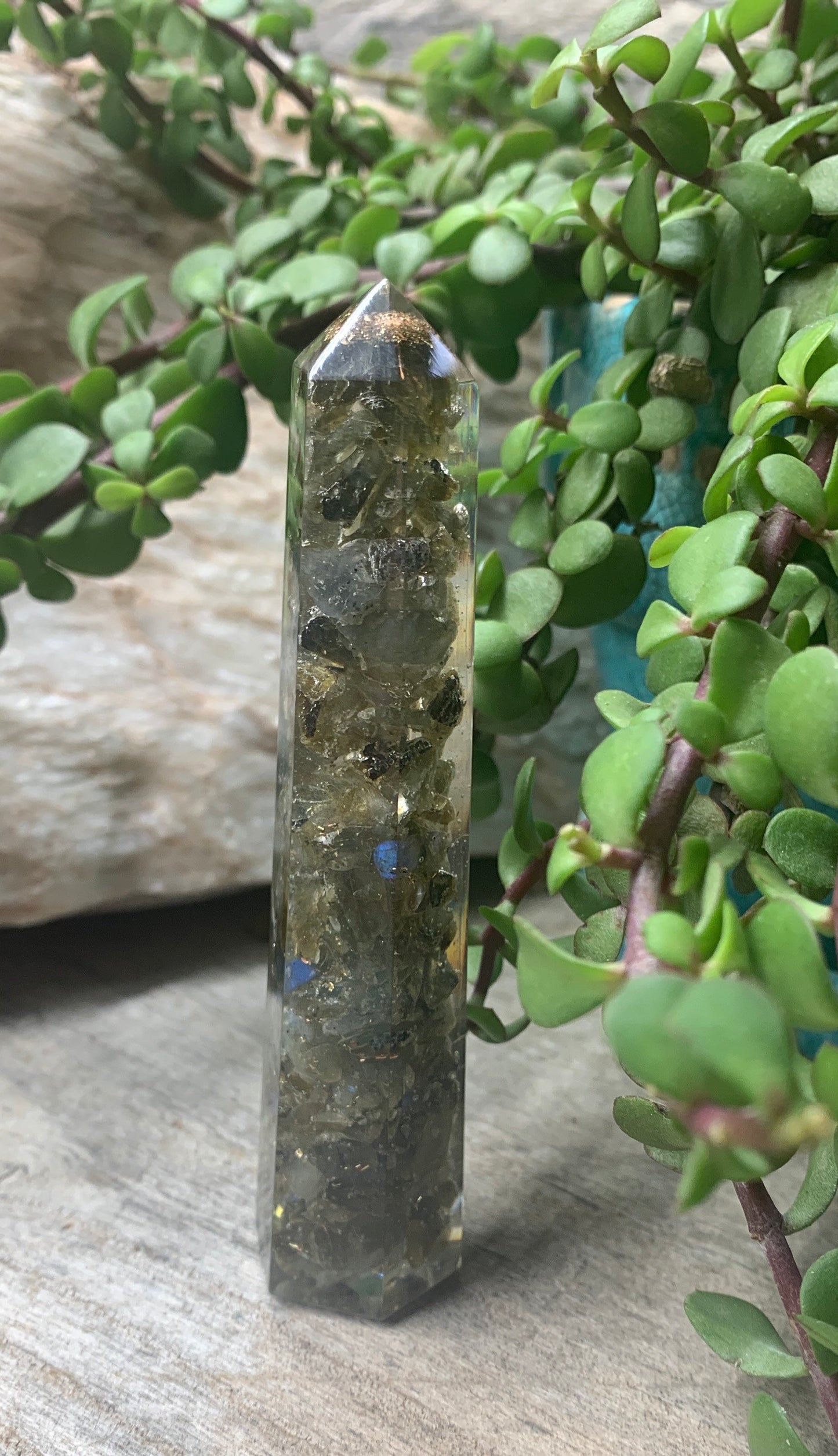 Labradorite Orgonite Obelisk 4 3/4" tall 0907 (Crystals Imbedded in Resin)