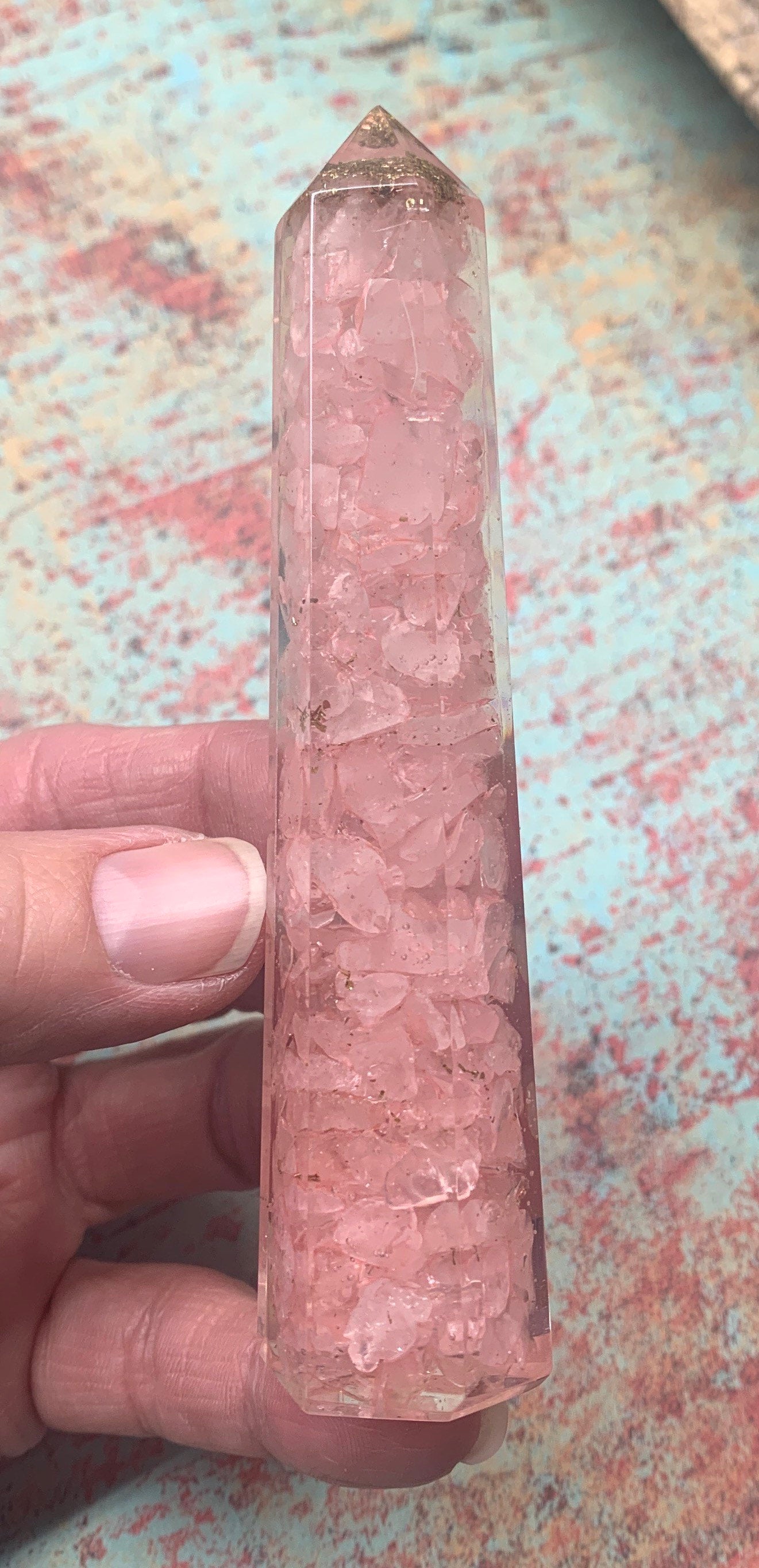 Rose Quartz Organite Obelisk, 4 1/2" Beautiful, Unconditional Love Stone 0848 (Crystals Imbedded in Resin)