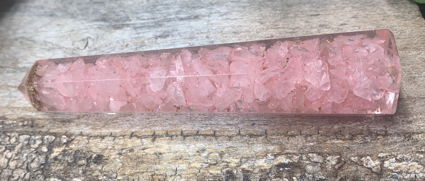 Rose Quartz Organite Obelisk, 4 1/2" Beautiful, Unconditional Love Stone 0848 (Crystals Imbedded in Resin)