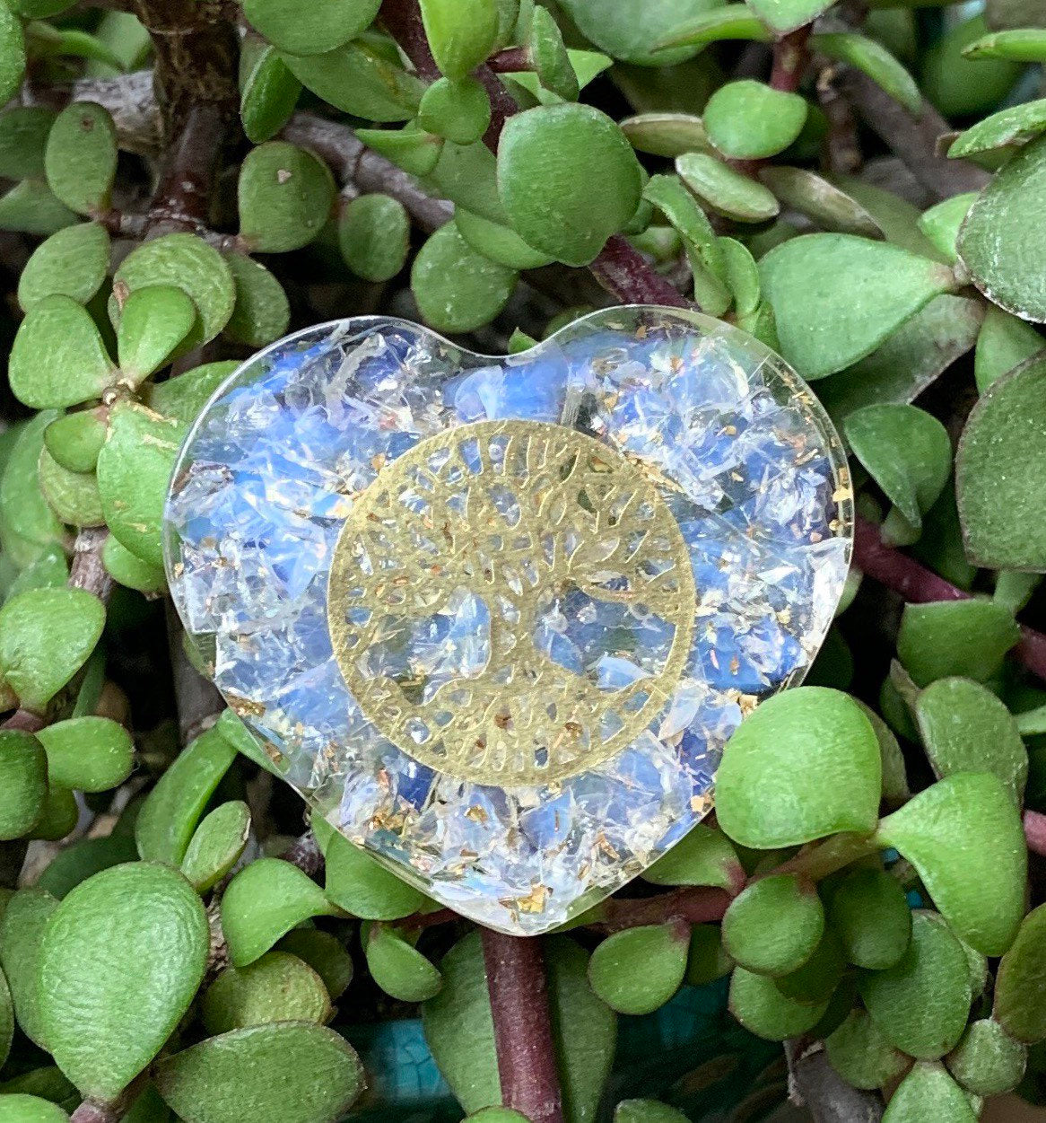 Opalite Organite Tree of Life 1 1/2” Heart 1590 (Crystals Imbedded in Resin)