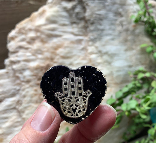 Obsidian Orgonite Hamsa Hand Heart  ORG-0013        1 1/2”