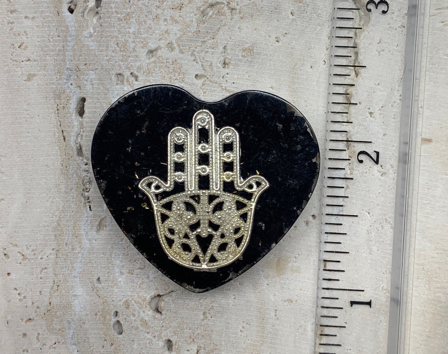 Obsidian Orgonite Hamsa Hand Heart  ORG-0013        1 1/2”