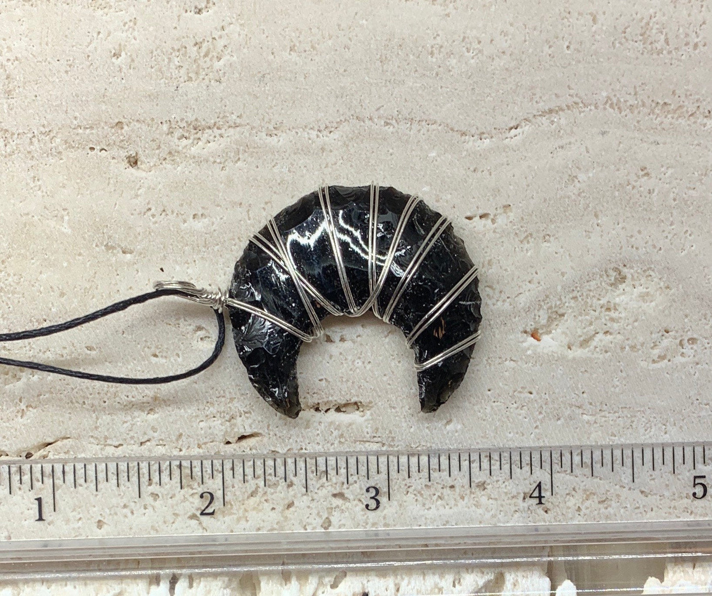 Obsidian Knapped Moon Necklace, Handmade 1122
