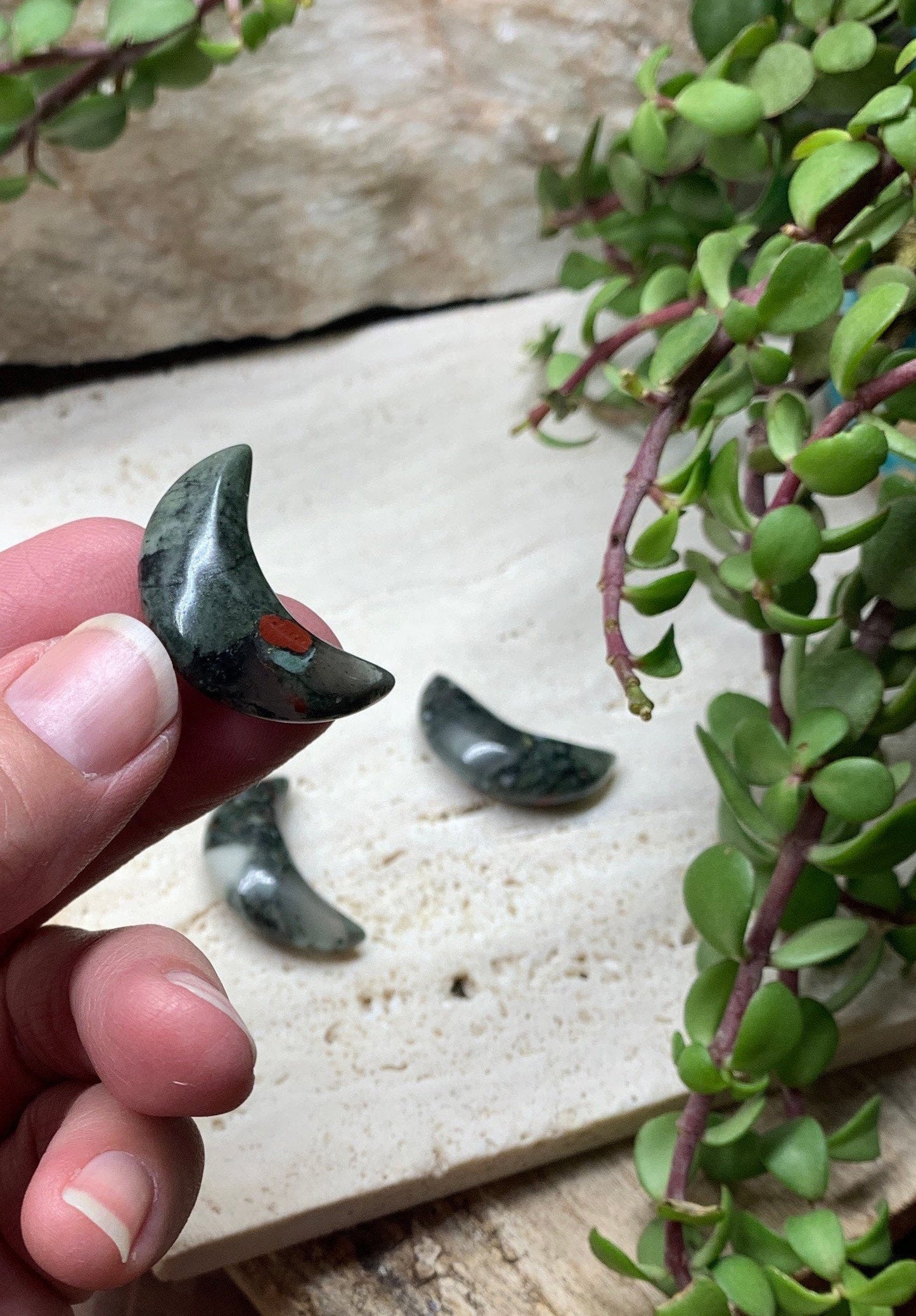 African Bloodstone Agate Carved Moon (Approx 1 1/8" Long) 0099