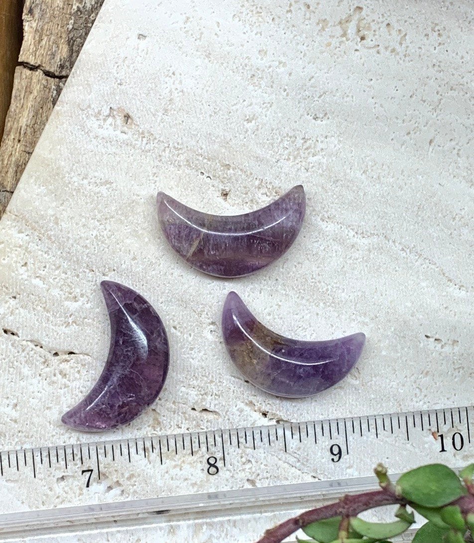 Amethyst crescent moon, a celestial masterpiece with its deep purple tones and graceful curve, display next to a ruler. The amethyst crescent moons are approximately 1 1/8 inch long.