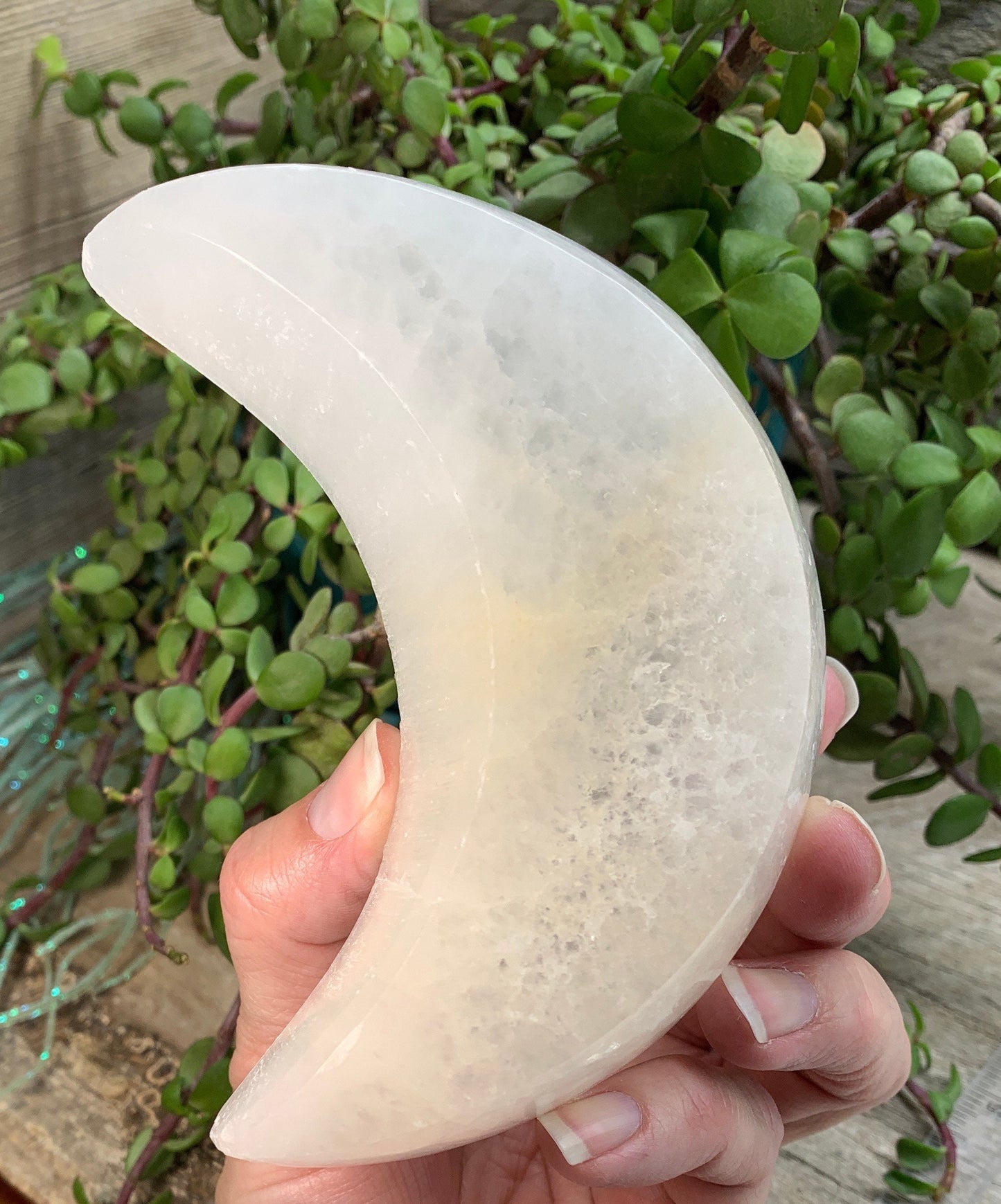 Selenite Moon Bowl, Beautiful Carved Selenite Moon Bowl 4 1/2" - 5", S-0057