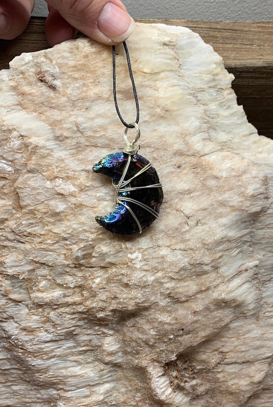 Rainbow Aura Obsidian Moon Wire Wrapped Necklace NCK-0762