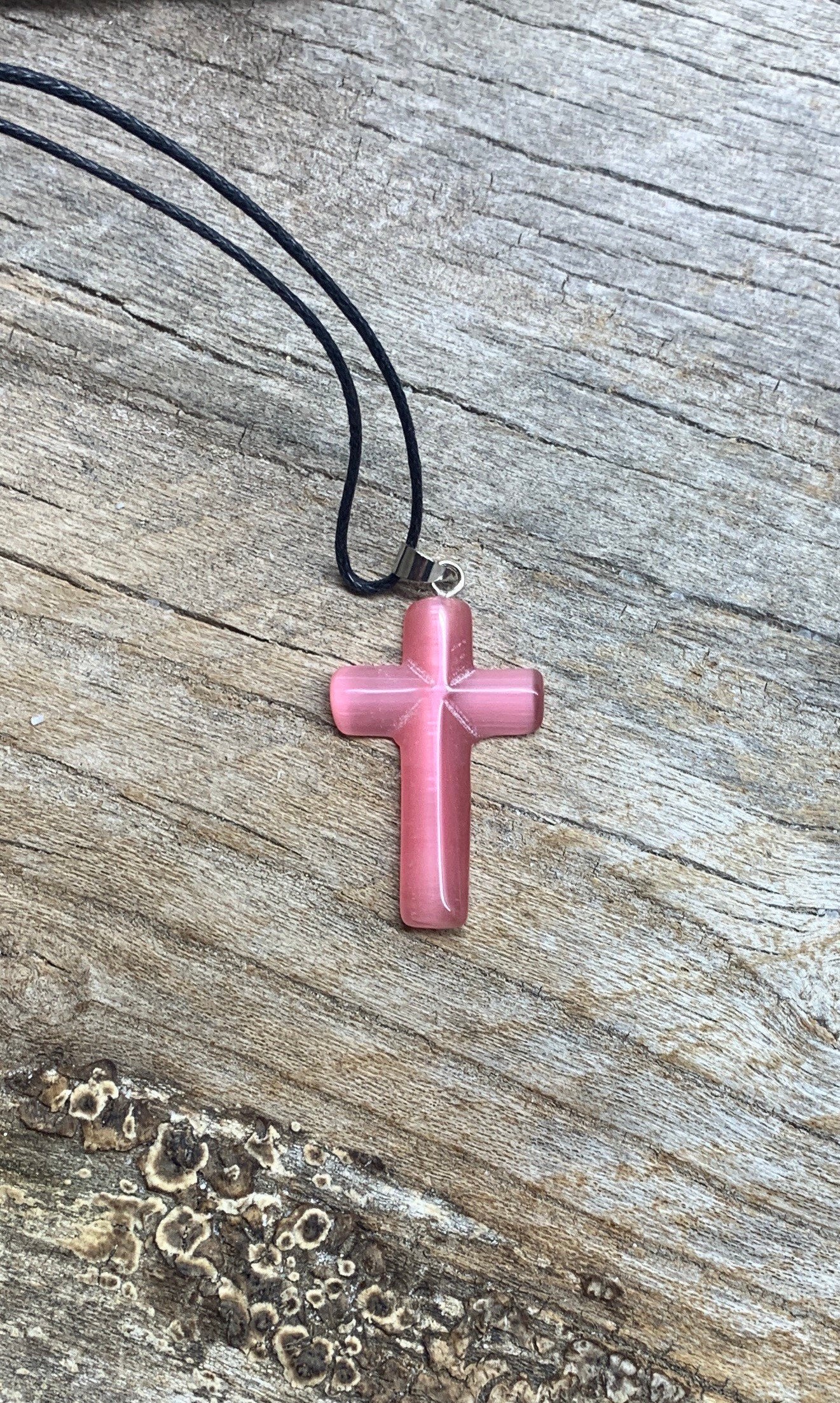 Cross Pendant Necklace Cats Eye Stone Coral NCK-1058