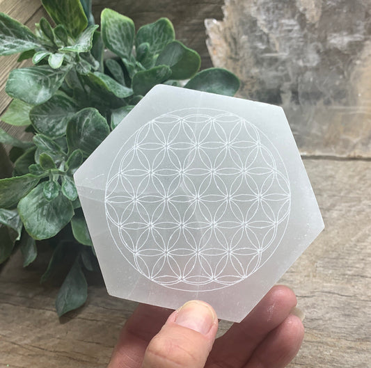 Flower Of Life Carved Selenite Tile 4” Carved Selenite Hexagon S-0064
