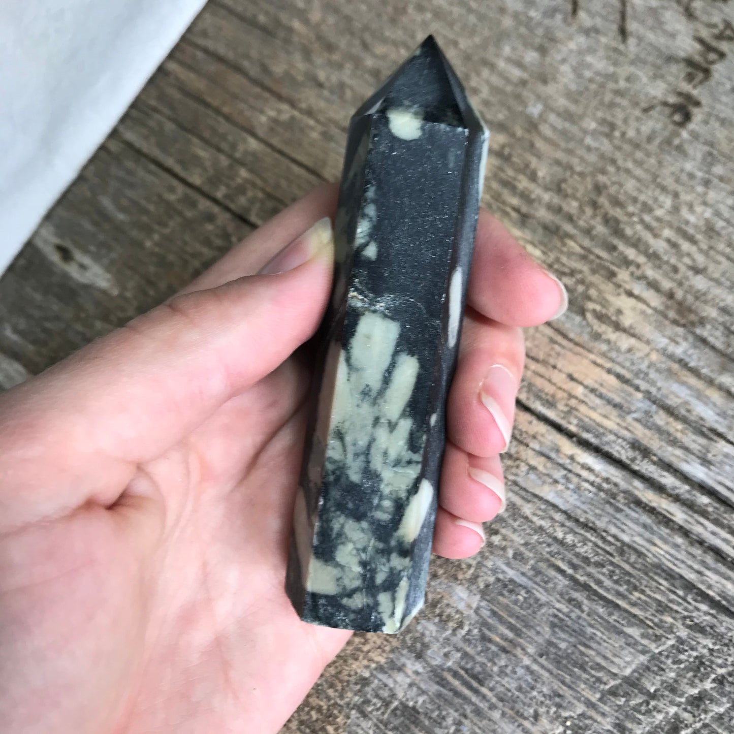 Chrysanthemum Stone Obelisk, (Approx 3 1/4" - 3 5/8") Chrysanthemum Point, Supply for Crystal Grid, Home Decor or Crafts 0892