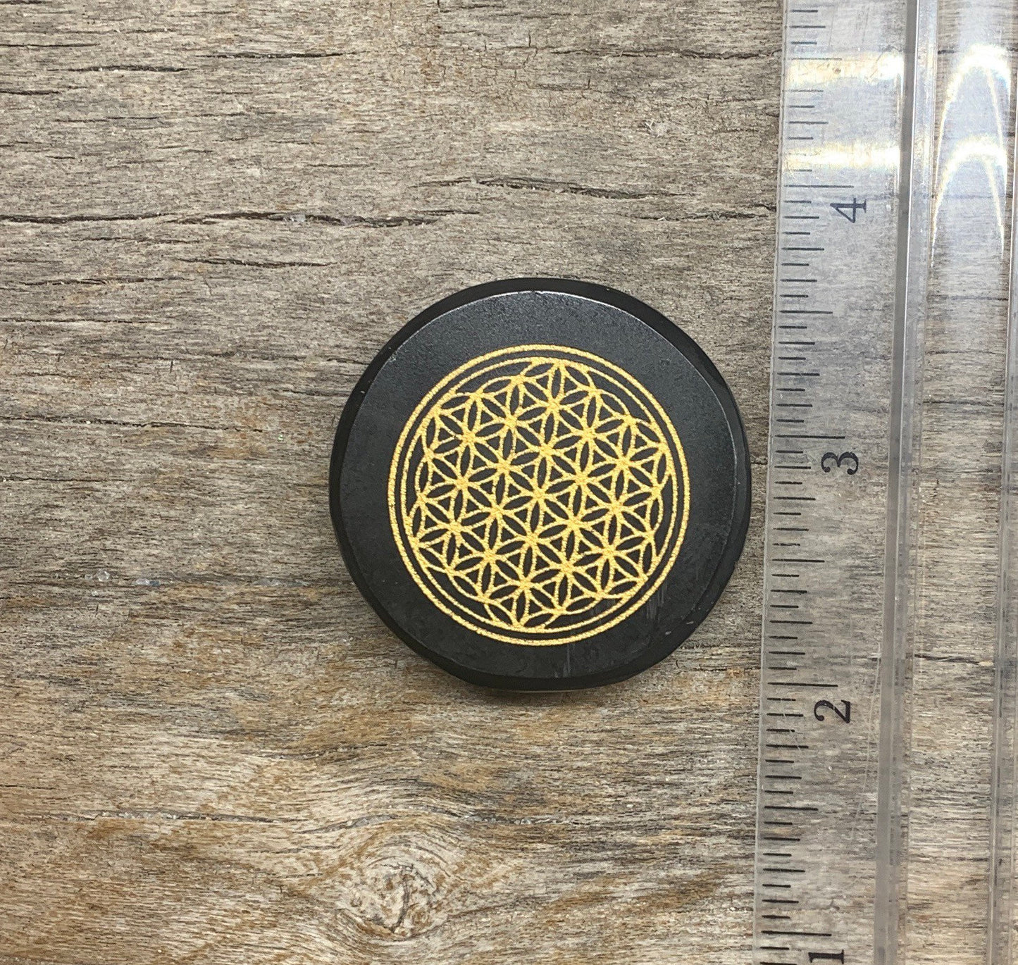 Flower Of Life Golden Carving Black Jasper (Approx. 1 1/2") 1585