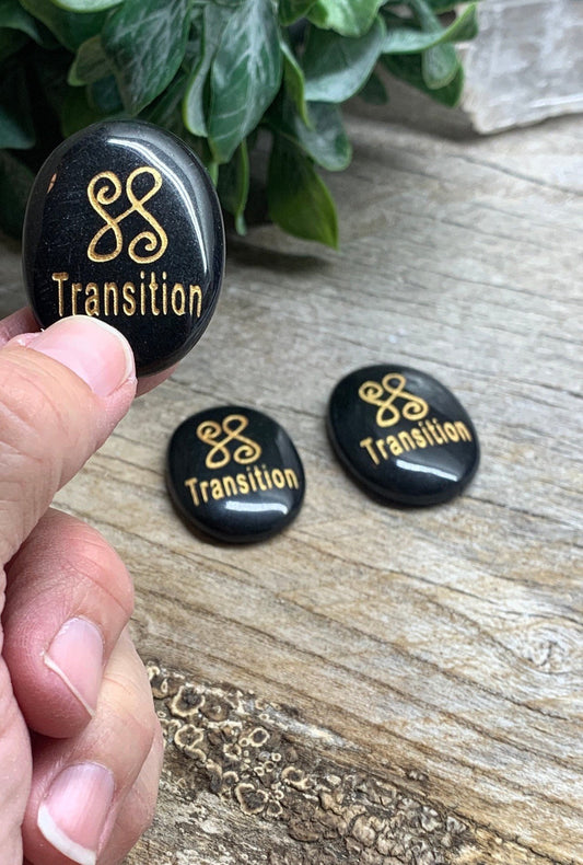 Transition, Black Obsidian Carved Word Affirmation (Approx. 1 1/2") FIG-0330