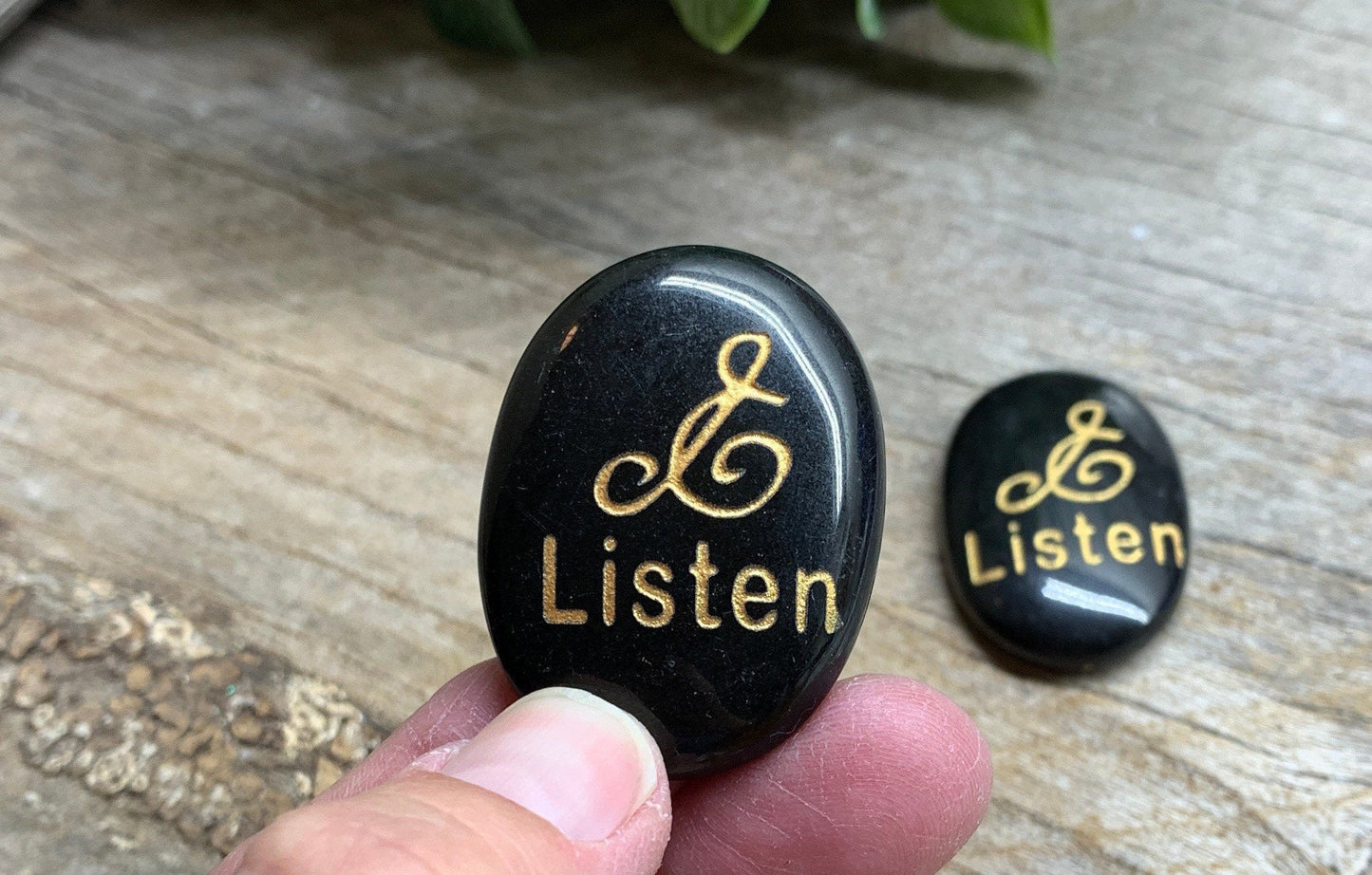 Listen, Black Obsidian Carved Word Affirmation (Approx. 1 1/2") FIG-0313