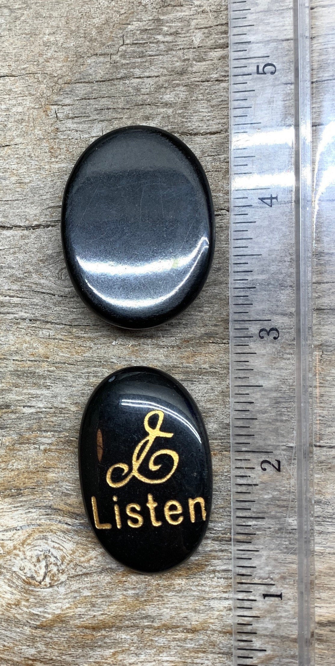 Listen, Black Obsidian Carved Word Affirmation (Approx. 1 1/2") FIG-0313