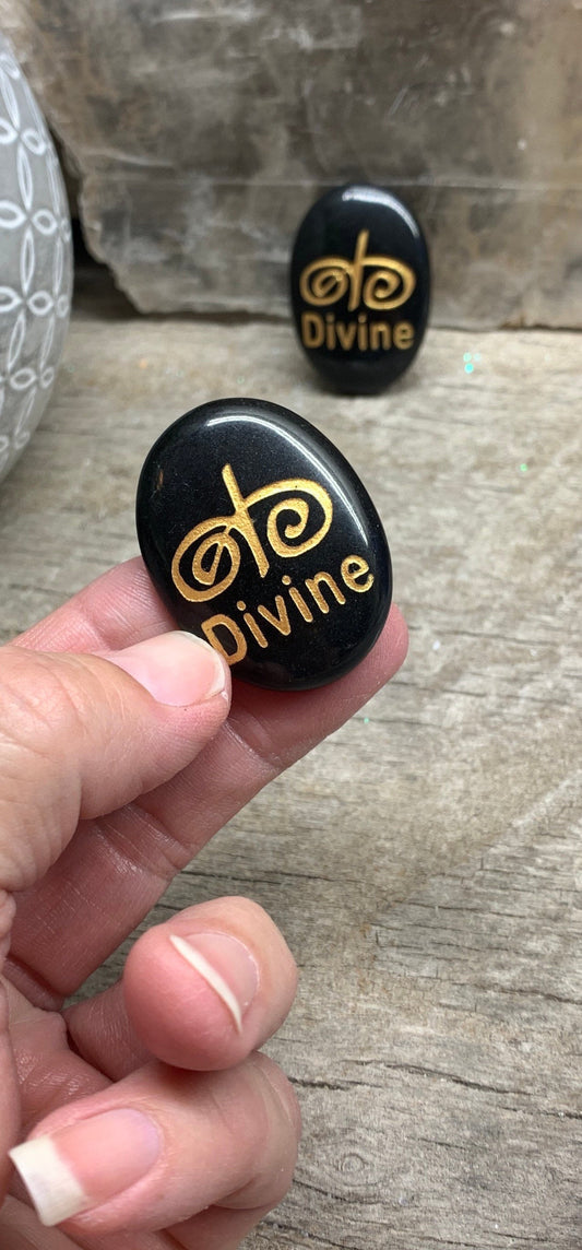 Divine, Black Obsidian Carved Word Affirmation (Approx. 1 1/2") FIG-0300