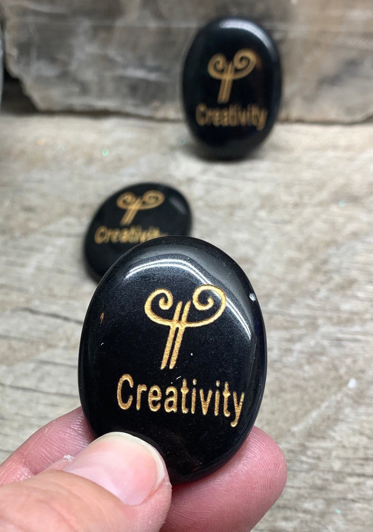 Creativity, Black Obsidian Carved Word Affirmation (Approx. 1 1/2") FIG-0299