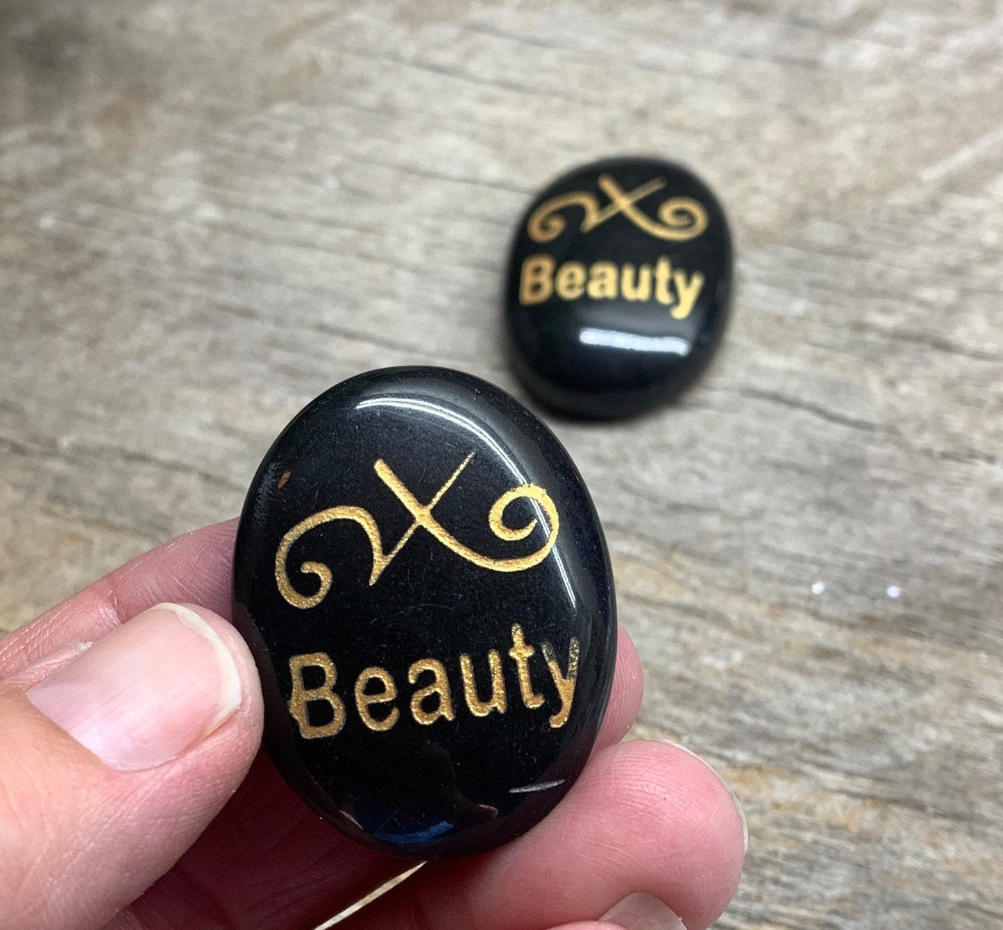 Beauty, Black Obsidian Carved Word Affirmation (Approx. 1 1/2") FIG-0297