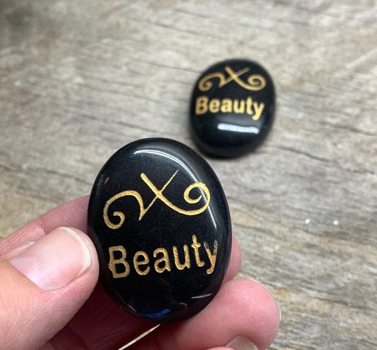 Beauty, Black Obsidian Carved Word Affirmation (Approx. 1 1/2") FIG-0297