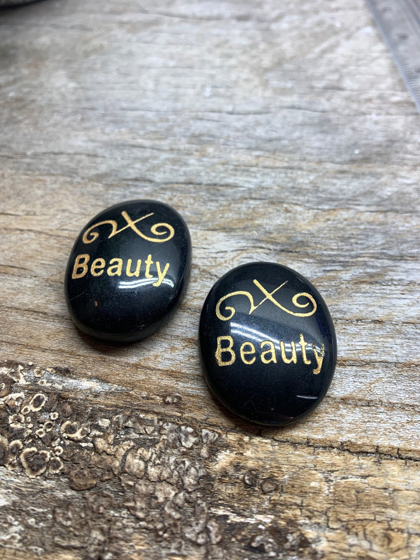 Beauty, Black Obsidian Carved Word Affirmation (Approx. 1 1/2") FIG-0297