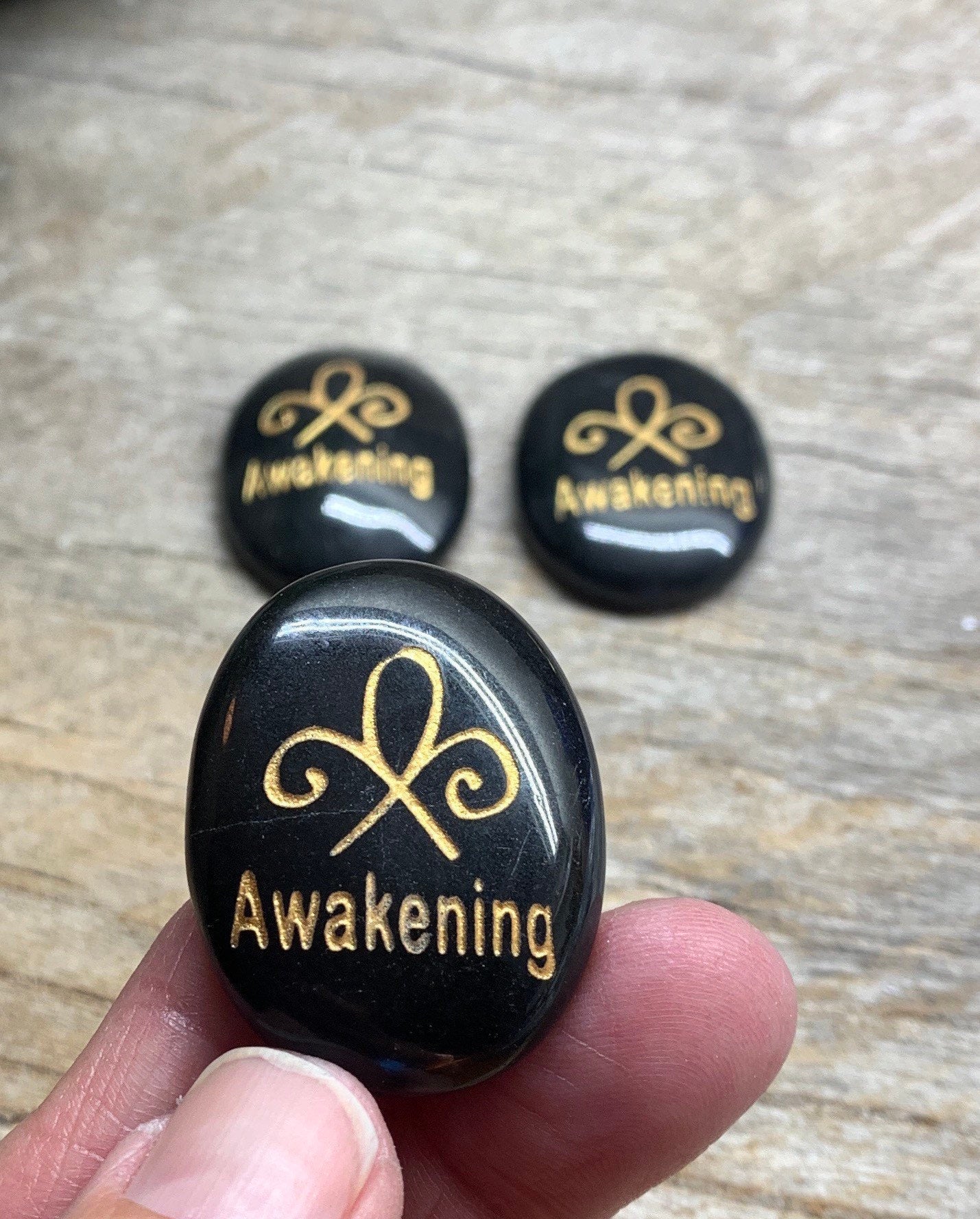 Awakening, Black Obsidian Carved Word Affirmation (Approx. 1 1/2") FIG-0296