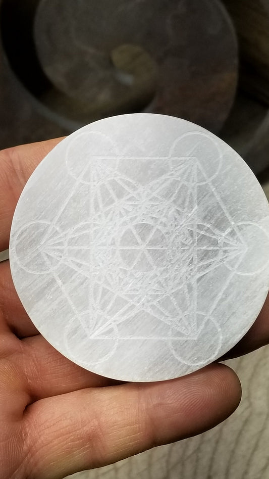 Selenite Carved Round Tile, Metatrons Cube, Sacred Geometry Carving (Approx 3 ")  Crystal Charging Plate, Supply for Grid S-0070