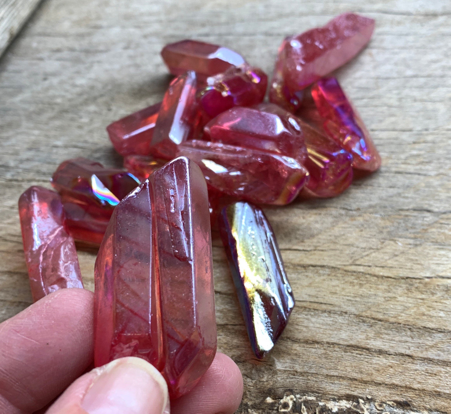 Red Aura Quartz Point Quartz 1528 Beautiful, Root Chakra, Wire Wrapping Supply (Approx. 1 3/4"-2 3/4")