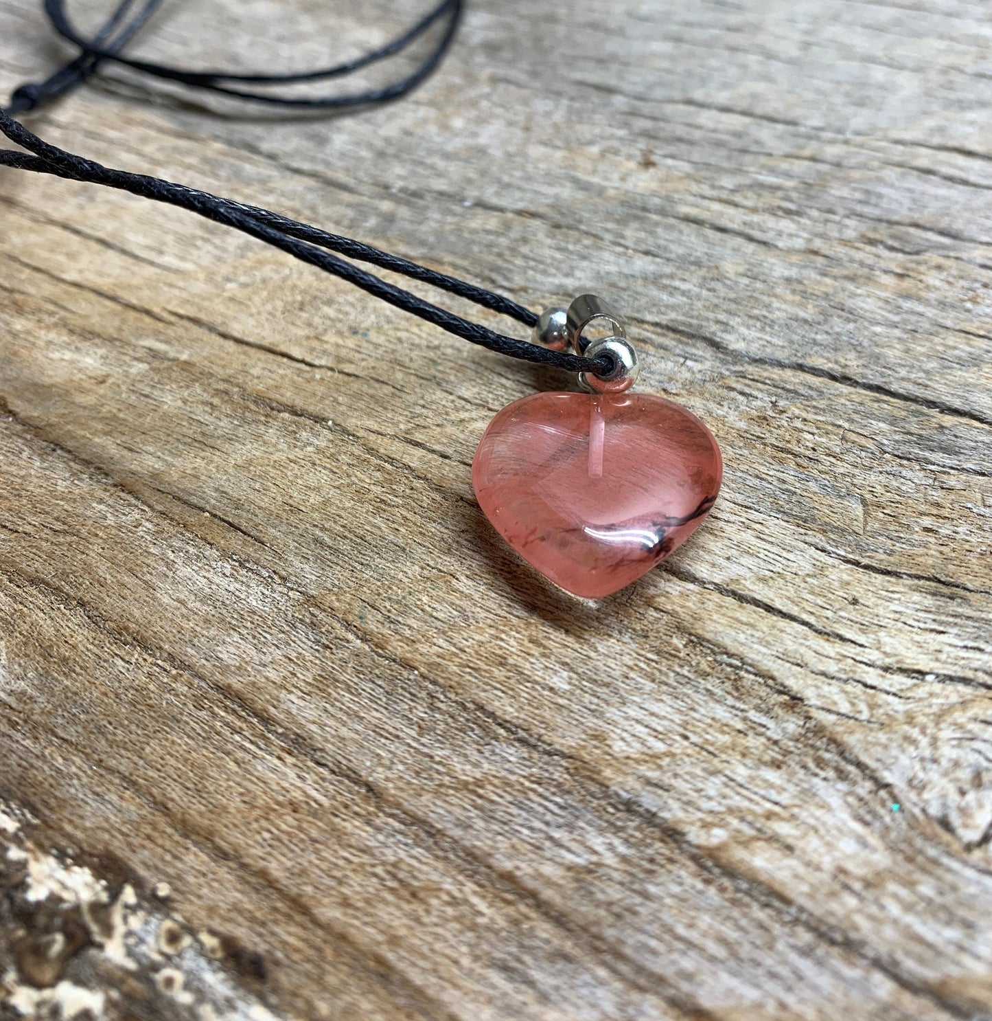 Cherry Quartz Heart Necklace NCK-1191           Adjustable Black Cord