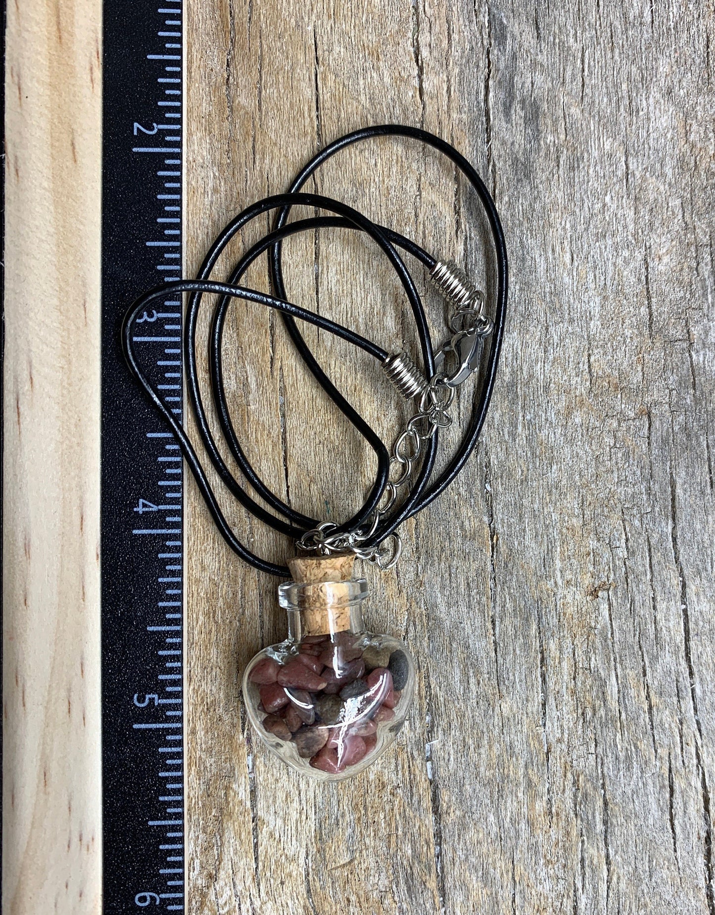 Tourmaline Necklace in Corked Heart Bottle. 18” cord with clasp.