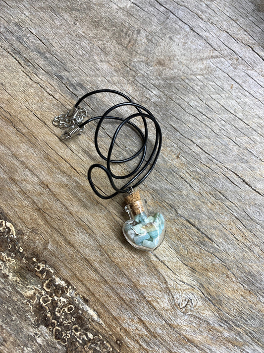 Amazonite Necklace in Corked Heart Bottle. NCK-1205 18” cord with clasp.