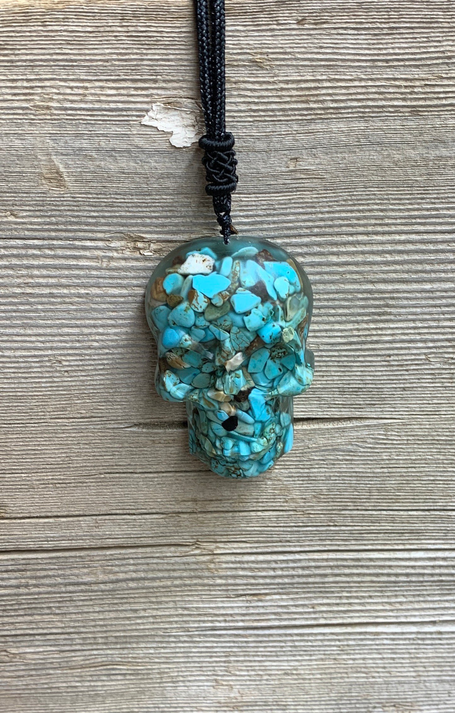 Mystery Orgonite Gemstone Skull Suprise Necklace 2” Pendant 1065 (Crystals Imbedded in Resin)